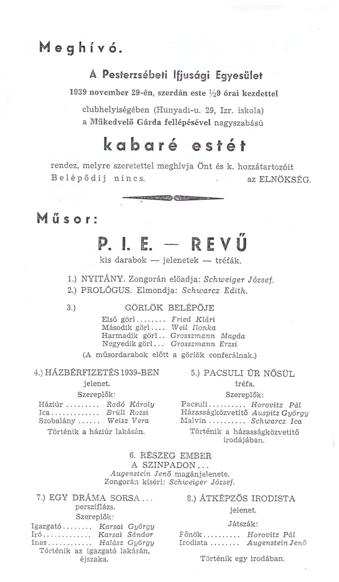 Pesterzsébeti Ifjúsági Egyesület Meghivó Rendezvényre-1939